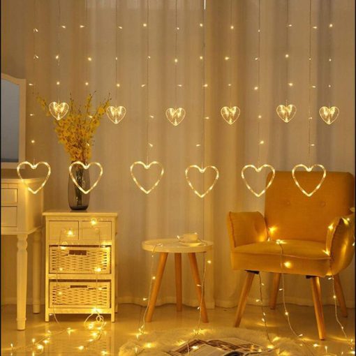 10 Heart 128 LED Curtain String Lights with 8 Flashing Modes - 2.5M
