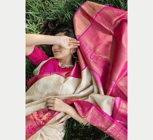 Kanchipuram Banarasi Silk Woven Jacquard Saree with Blouse Piece- Pink