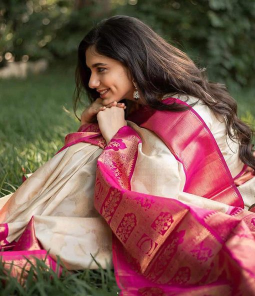 Kanchipuram Banarasi Silk Woven Jacquard Saree with Blouse Piece- Pink