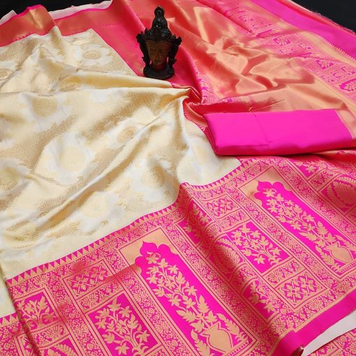 Kanchipuram Banarasi Silk Woven Jacquard Saree with Blouse Piece- Pink