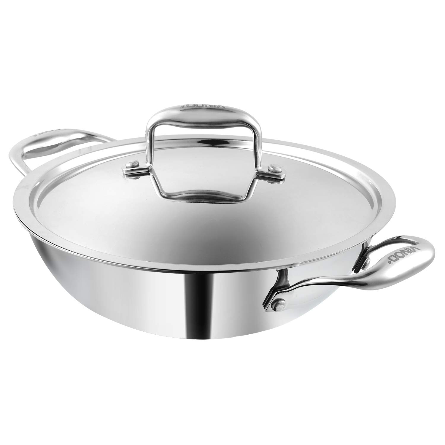 Vinod Coookware Stainless Steel Platinum Triply Kadai With Lid, 26 Cm