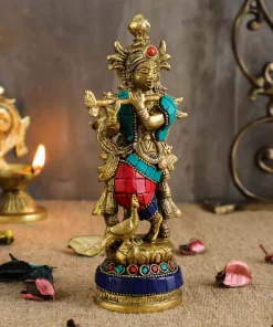 Showpiece Gemstone Work Flute Playing Krishna with Peacock 7 Inches Brass Statue ChennaiStore