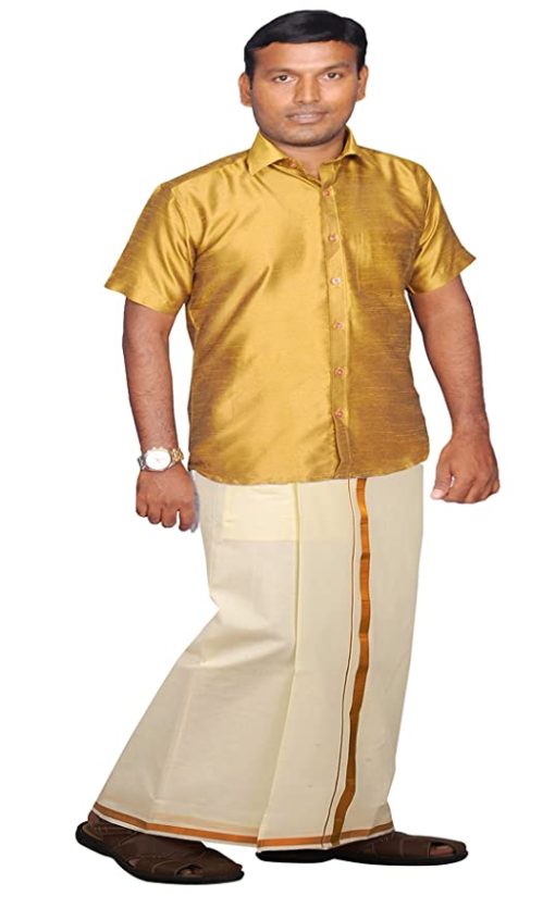Men's Half sleeve Cotton Silk Shirt-40 and Dhothi Set