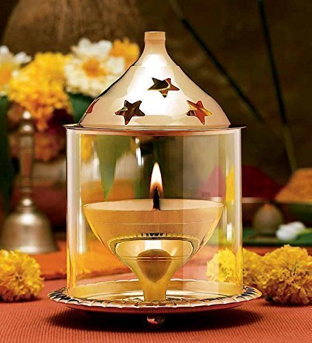 Decorative Brass & Glass Oil Lamp Tea Light Holder Lantern, Borosilicate Glass Cylinderical Shaped Diya Lantern Royal Artz Brass & Glass chimini