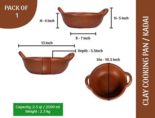Handmade earthen Clay Cooking pan / kadai 2500 ML / 2.5 Liter