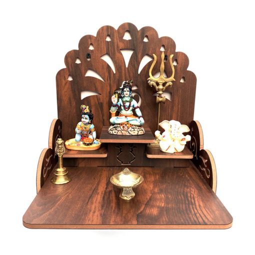 Portable Wood Temple (Brown_28 X 28 X 26 Cm) Wooden Brass Carving/Square Beautiful Carving Design Side Table