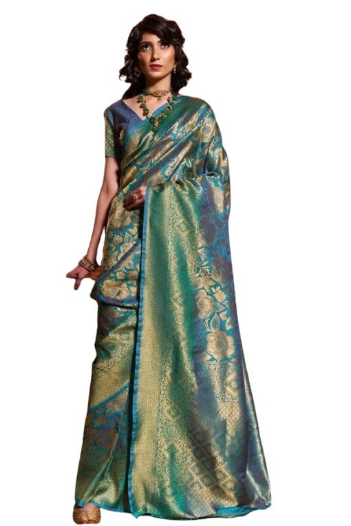 Women'S Kanjivaram Pure Soft Silk Handloom Saree Pure Golden Zari With Blouse Piece Banarasi Silk Blend Blue Saree