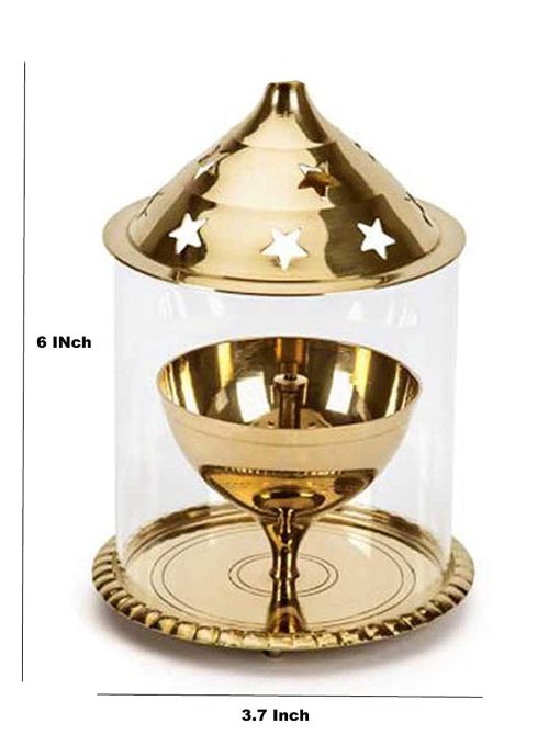 Decorative Brass & Glass Oil Lamp Tea Light Holder Lantern, Borosilicate Glass Cylinderical Shaped Diya Lantern