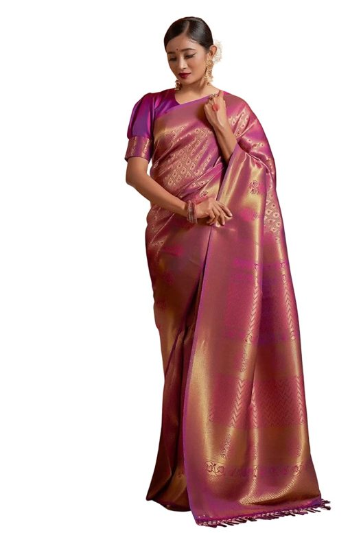 Women'S Kanjivaram Pure Soft Silk Handloom Saree Pure Golden Zari With Blouse Piece (Wine Purple) Banarasi Silk Blend Pink Saree