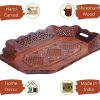 Large Wooden Tray - 18X12 Inch, Tea Tray With 4 Wooden Coasters, Hand Carved Serving Tray With Brass Inlay, Wooden Tray For Decoration Natural Bamboo Tea Plate