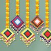 Handmade Artificial Marigold Fluffy Flowers Colorful Woolen Kite Bells Hanging (44 Inches Height) - 1 Piece Wall Decorative Artificial Flower With Bell