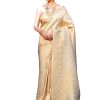 Women'S Kanjivaram Banarasi Silk Woven Design Saree With Unstitched Blouse Piece Banarasi Silk Blend Golden Colour Saree