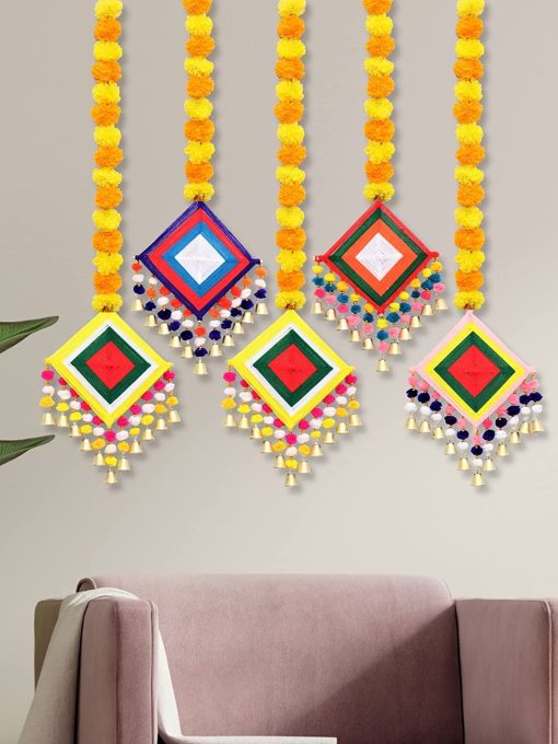 Handmade Artificial Marigold Fluffy Flowers Colorful Woolen Kite Bells Hanging (44 Inches Height) - 1 Piece Wall Decorative Artificial Flower With Bell