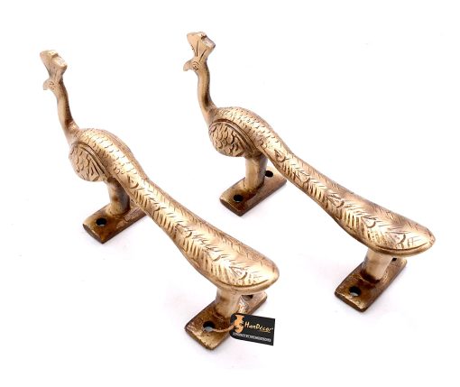 Peacock Design Brass Door Handle Pair (6 Inches, Antique Yellow) Brass Peacock Design Door Handle Pair
