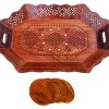 Large Wooden Tray - 18X12 Inch, Tea Tray With 4 Wooden Coasters, Hand Carved Serving Tray With Brass Inlay, Wooden Tray For Decoration Natural Bamboo Tea Plate