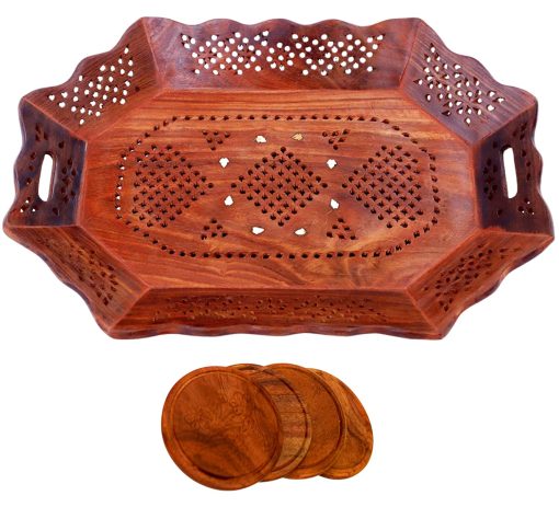 Large Wooden Tray - 18X12 Inch, Tea Tray With 4 Wooden Coasters, Hand Carved Serving Tray With Brass Inlay, Wooden Tray For Decoration Natural Bamboo Tea Plate