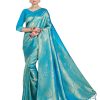 Teal Blue Women'S Kanchipuram Raw Silk Saree With Unstitched Blouse Piece Banarasi Silk Blend Blue Saree