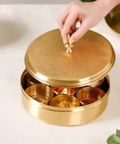 Handmade Brass Masala Box Dabba| Golden Spice Container With Embossed Lid 7 Compartments And 1 Spoon
