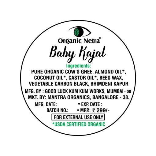 Organic Netra Baby Kajal - Water Resistant,Matte, Smudge Proof, Long lasting,For Normal Skin type,All Natural and Organic with no Harmful chemicals -8 gm