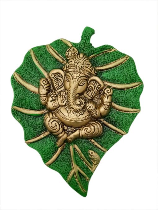 Green Metal Lord Ganesha On A Leaf Wall Hanging - assorted colours Green Metal Lord Ganesha on a Leaf Wall Hanging