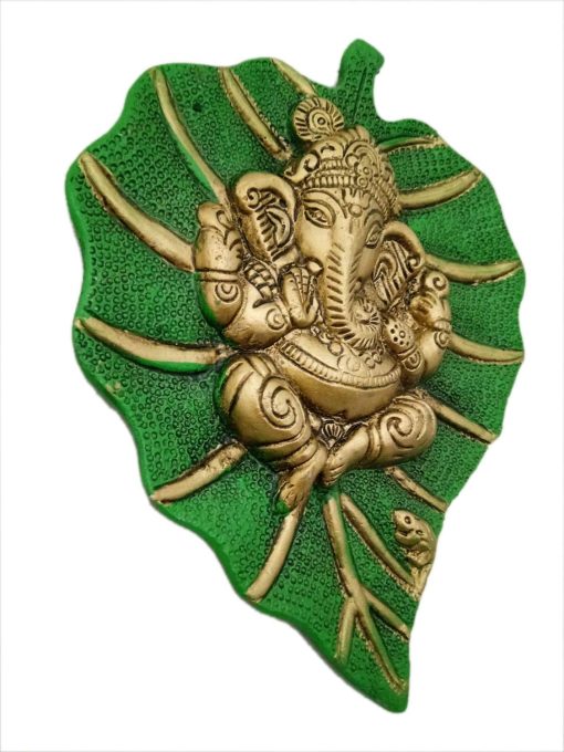 Green Metal Lord Ganesha on a Leaf Wall Hanging