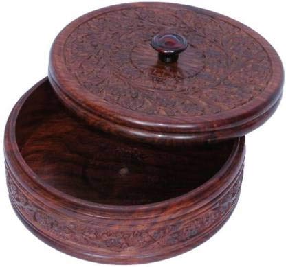 Hand Work chapati/Puri/paratha Wooden Box casserole with lid ( 1500 ml , 10 x 6 inch Dark Brown )