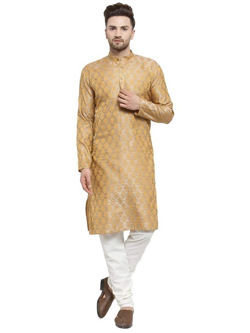 Men'S Jacquard Silk Kurta And Pyjama Size L, Light Gold Traditional Means Cotton Silk Kuurta And Pyjama Set