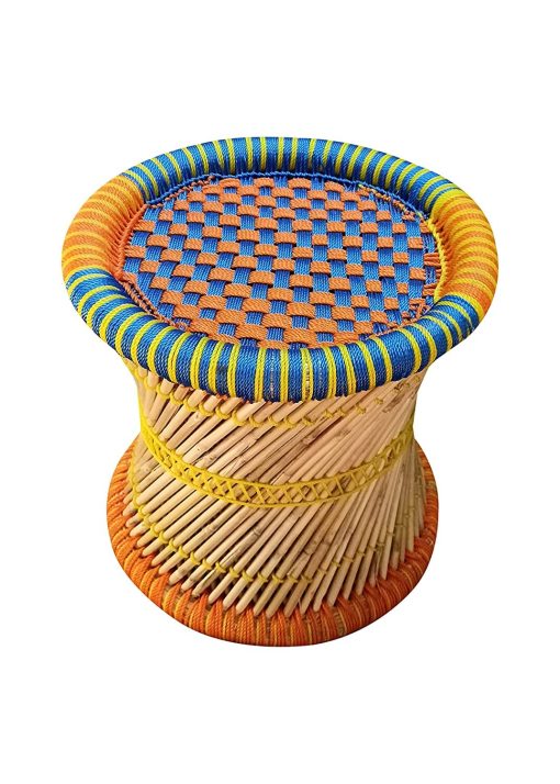 Natural Bamboo Mudda/Mudh/Mora/Muda Stools Chair Stool With Orange An Blue (13X12)) Natural Bamboo Mudda/Mudh/Mora/Muda Stools Chair Stool With Orange An Blue (13X12))