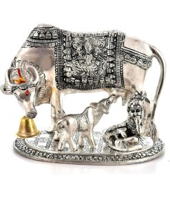 White Metal Golden Kamdhenu Cow with Calf, Vastu Gau MATA Idol, Spiritual Vastu Nandi Pooja Figurine Sculpture, Kamdhenu Cow & Calf