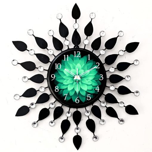 Wall Clock for Home Stylish 20 inch dial 8 inch Colour Black Beautiful Flower Design Antique Style Art Unique Office Decor Iron Metal Glass (Green Dial)