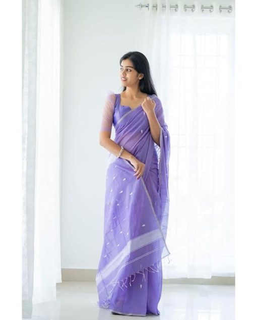 Women's Lavender Kanjivaram Soft Cotton Linen Silk Saree With Blouse Piece