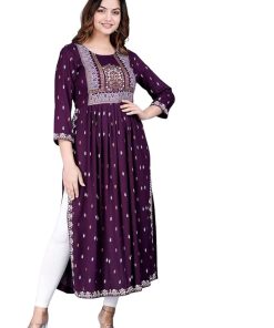 Women's Purple Rayon Printed Purple Nayra Cut Flared Kurta - Medium