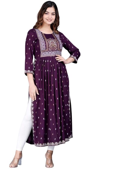 Women's Purple Rayon Printed Purple Nayra Cut Flared Kurta - Medium Women's Purple Rayon Printed Purple Nayra Cut Flared Kurta - Medium
