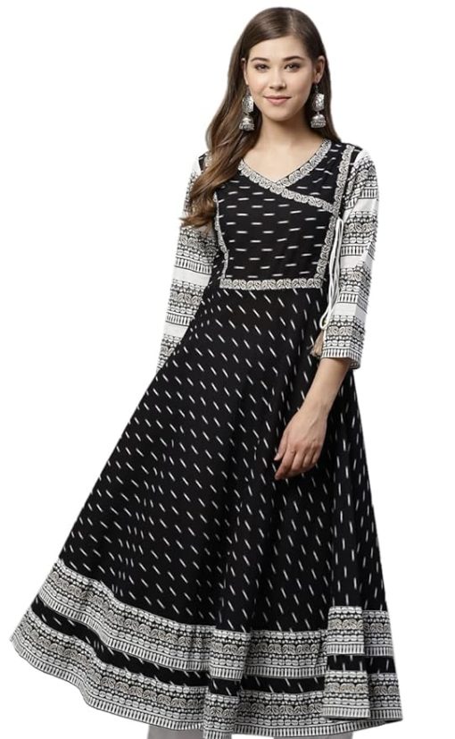 Women's Black Cotton Printed Anarkali Kurta - XL