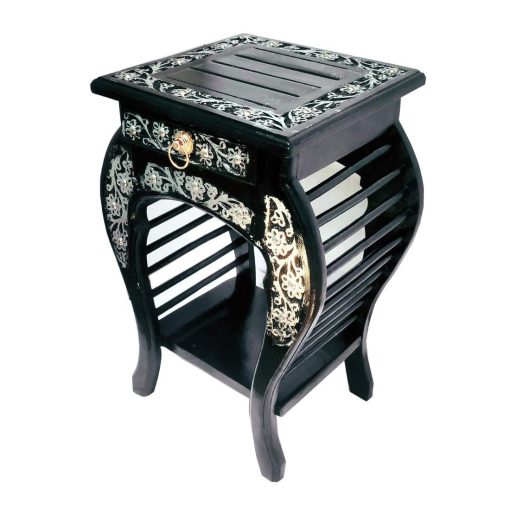 Handmade Bedside Table Floral Carved End Table for Bedroom and Living Room Black with Silver Antique (53 X 35 X 35) cm Handmade Bedside Table Floral Carved End Table for Bedroom and Living Room Black with Silver Antique (53 X 35 X 35) cm