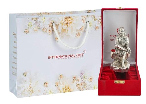 Silver Sai Baba Statue with Beautiful Gift Box Packing and with Carry Bag and2 Pieces Diya Set (16 cm X 7 cm X 5.5 cm)