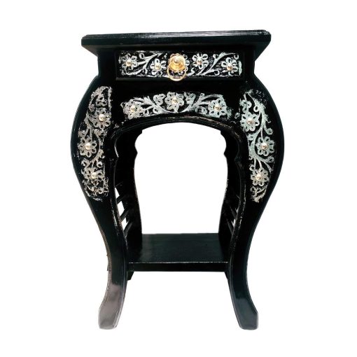 Handmade Bedside Table Floral Carved End Table for Bedroom and Living Room Black with Silver Antique (53 X 35 X 35) cm