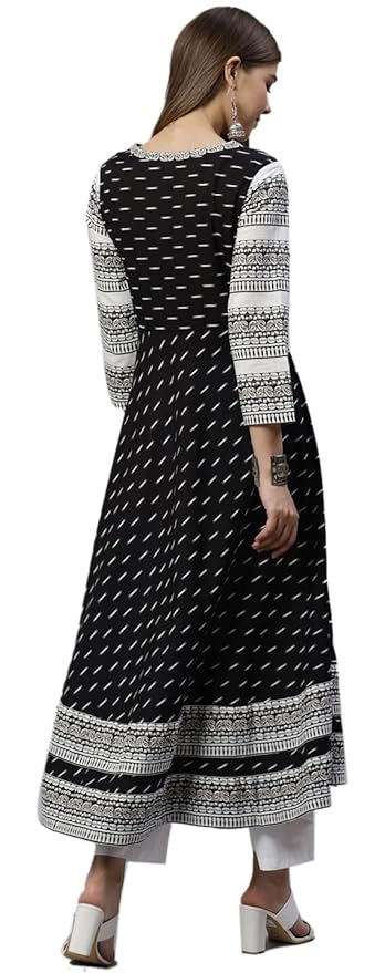 Women's Black Cotton Printed Anarkali Kurta - XL