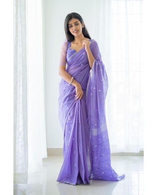 Women's Lavender Kanjivaram Soft Cotton Linen Silk Saree With Blouse Piece Women's Lavender Kanjivaram Soft Cotton Linen Silk Saree With Blouse Piece