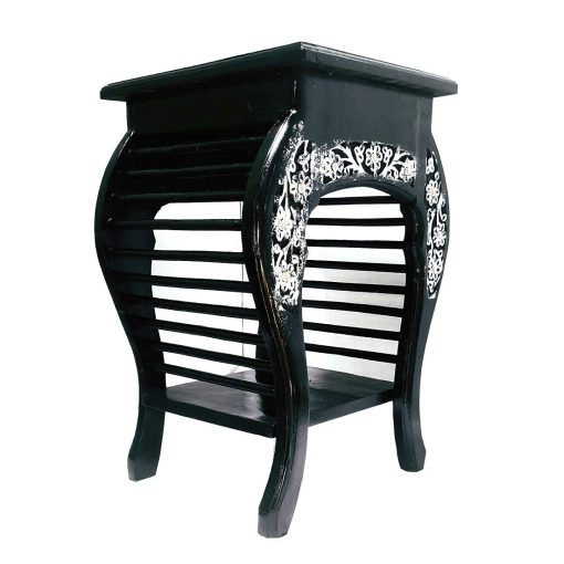 Handmade Bedside Table Floral Carved End Table for Bedroom and Living Room Black with Silver Antique (53 X 35 X 35) cm