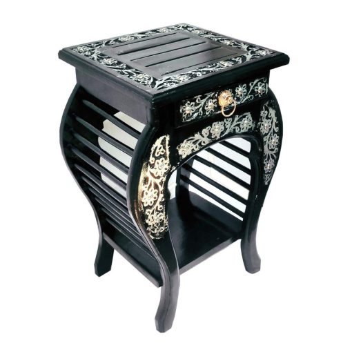 Handmade Bedside Table Floral Carved End Table for Bedroom and Living Room Black with Silver Antique (53 X 35 X 35) cm
