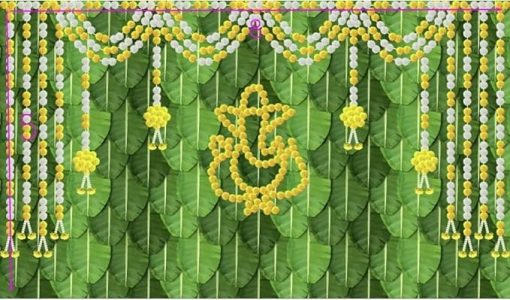 Ganesha with Marigold Flowers on Banana Leaf Backdrop Curtain Cloth Ganesha with Marigold Flowers on Banana Leaf Backdrop Curtain Cloth
