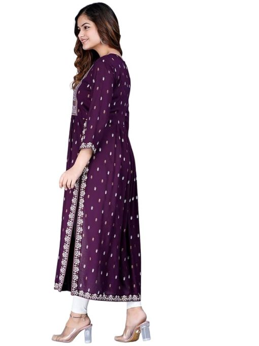 Women's Purple Rayon Printed Purple Nayra Cut Flared Kurta - Medium