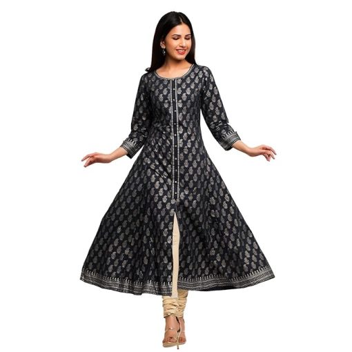 Women's Cotton Black and Gold Printed Anarkali Kurta - Large