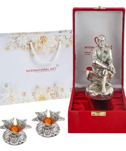 Silver Sai Baba Statue with Beautiful Gift Box Packing and with Carry Bag and2 Pieces Diya Set (16 cm X 7 cm X 5.5 cm)