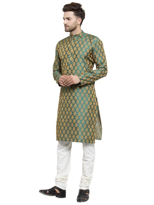 Men'S Jacquard Silk Kurta And Pyjama Size M - Green Men'S Jacquard Silk Kurta And Pyjama Size M - Green