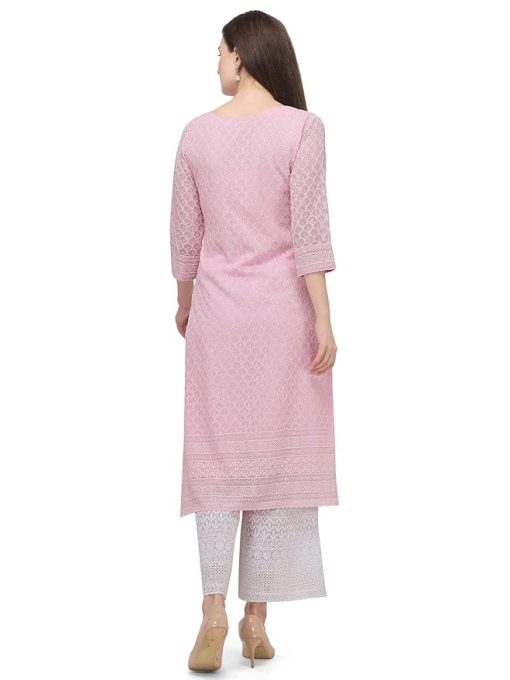 Women's Pink Georgette Straight Kurta - Large