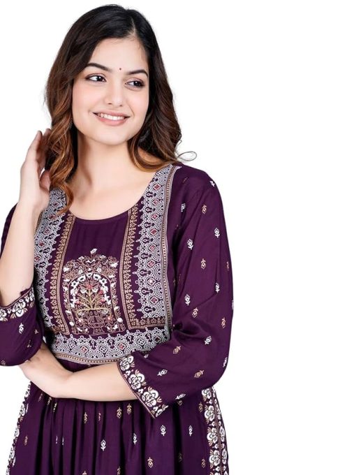 Traditional Clothing Women’s Purple Rayon Printed Purple Nayra Cut Flared Kurta – Medium ChennaiStore