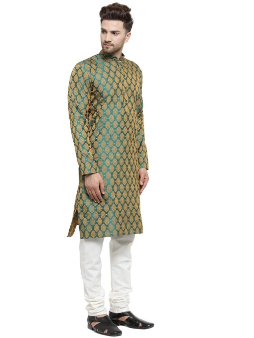 Men'S Jacquard Silk Kurta And Pyjama Size M - Green