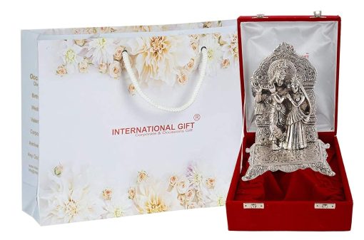 Silver Plated Radha Krishna Chowki God Idol Statue Oxidized Finish with Beautiful Velvet Box Packing (18H x 10W x 10L Centimeters)